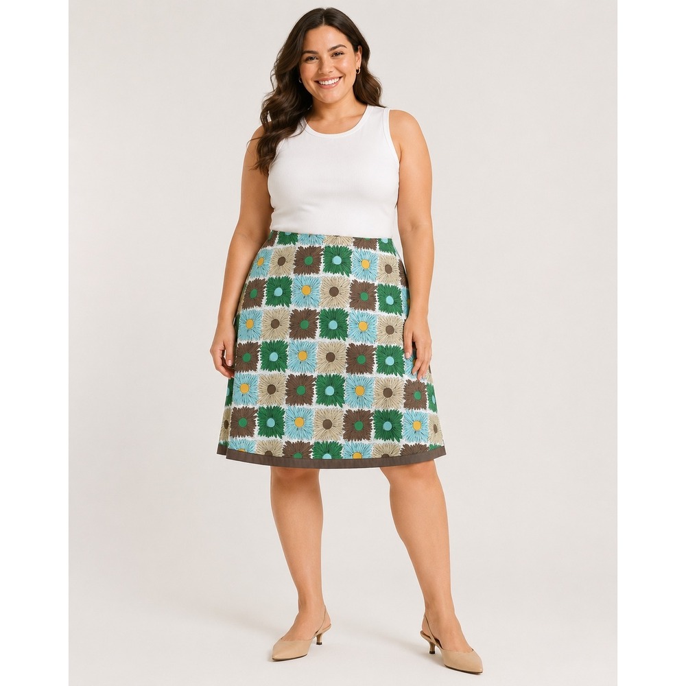 Boden Womens Retro Floral Grid A-Line Mini Skirt Green Blue Brown Size 16R